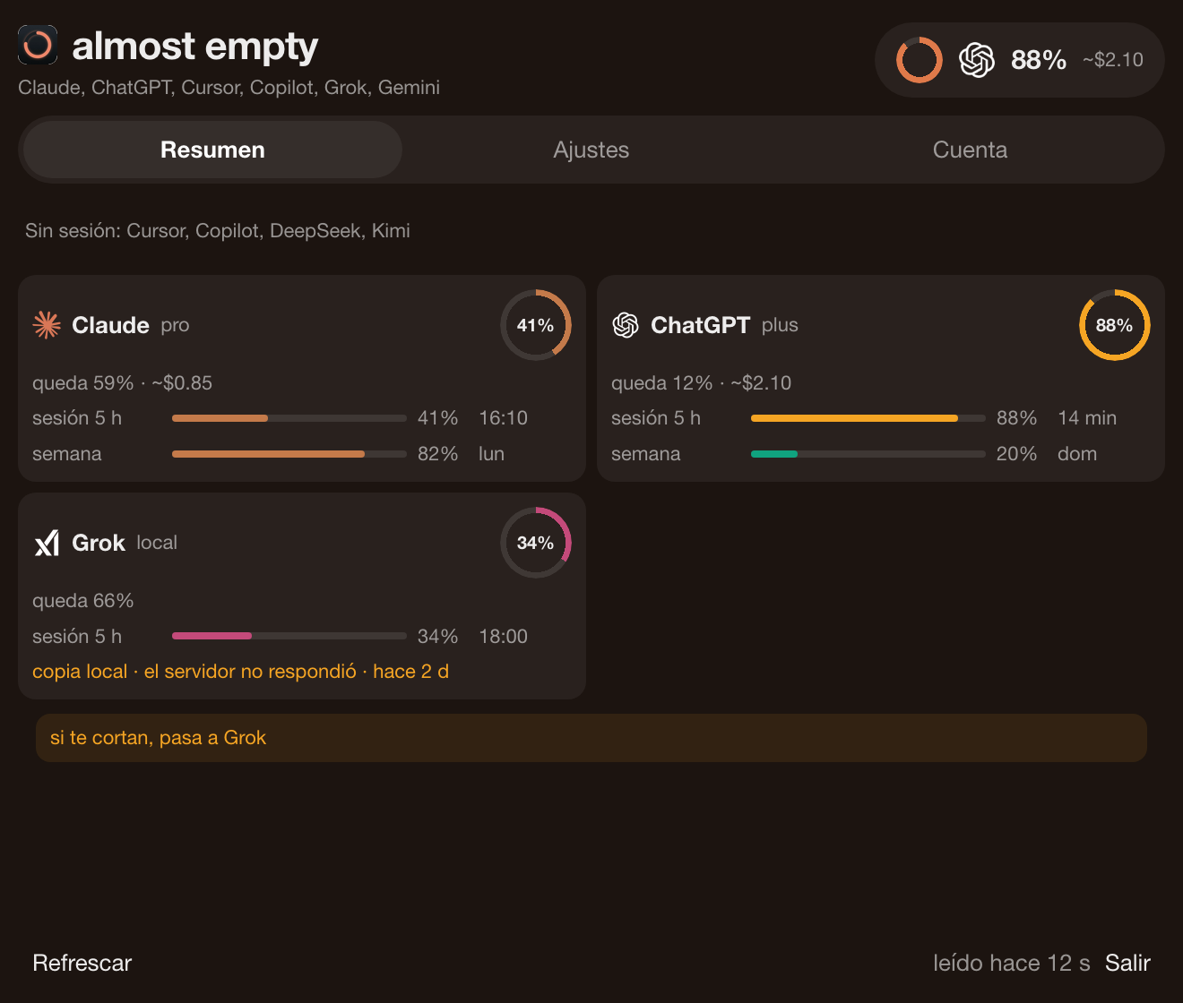 Panel de almost empty, piel Actual: tarjetas por proveedor.